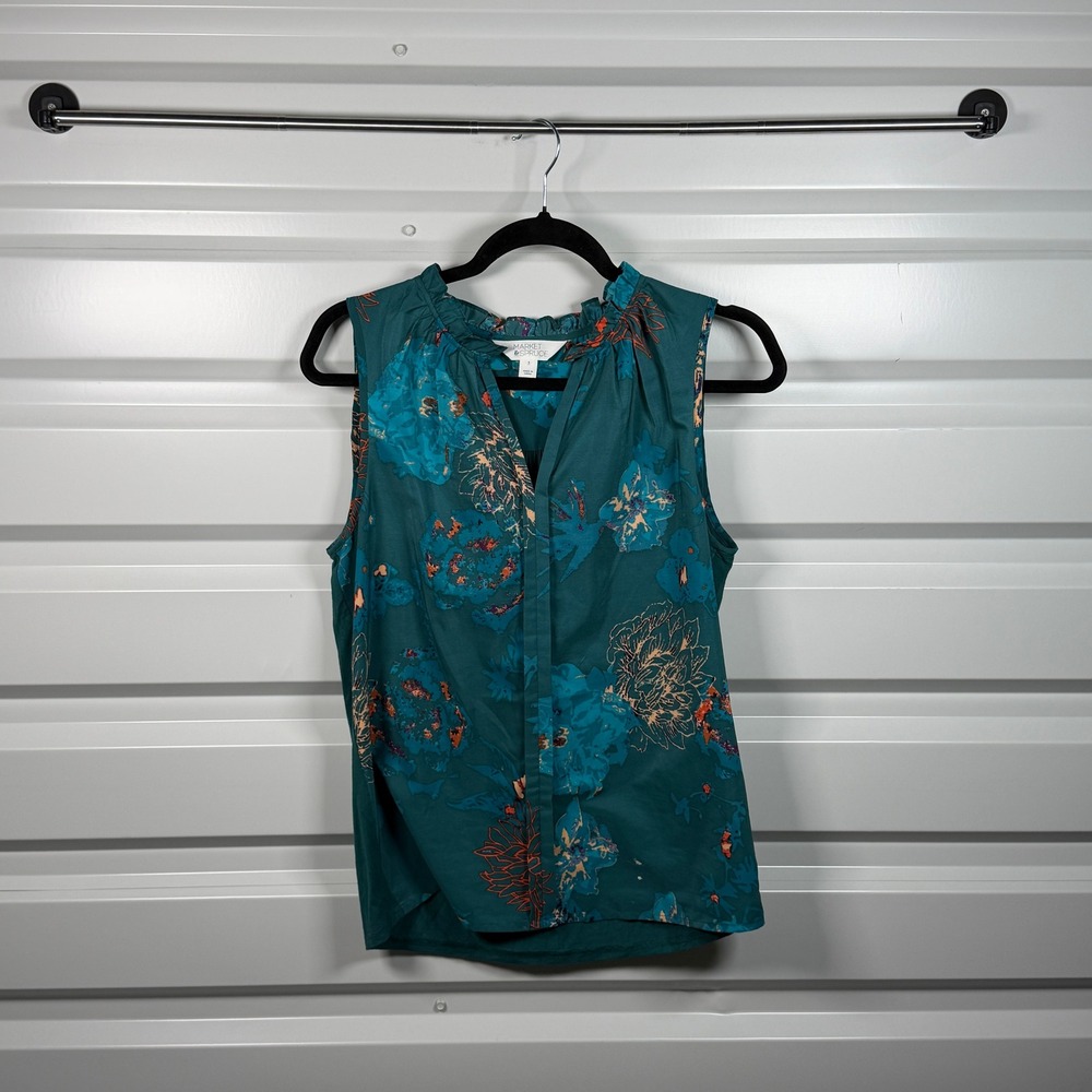 Market & Spruce Teal Floral Sleeveless Ruffle Neck Blouse Top Small‎ WGW10355